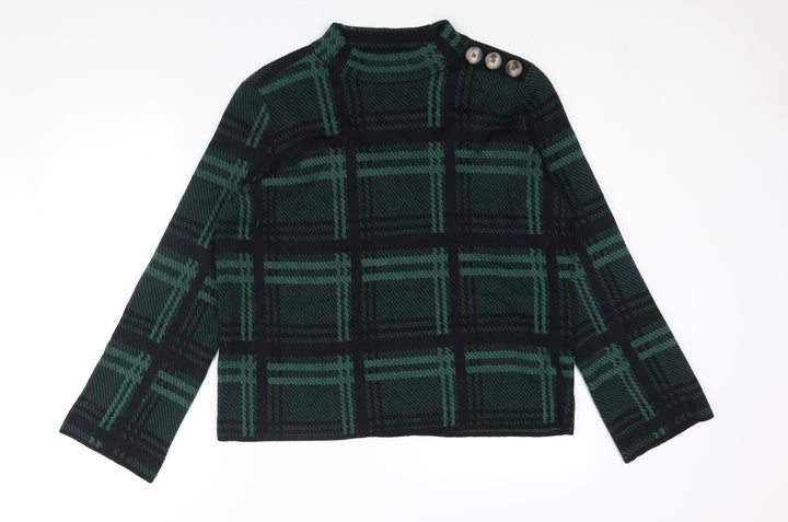 Warehouse Womens Green Mock Neck Check Polyester Pullover Jumper Size 12 - Button Detail