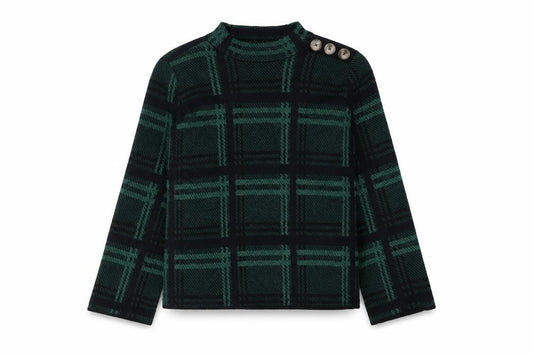 Front view of Warehouse women’s green mock neck check polyester jumper, size UK 12, - button detail