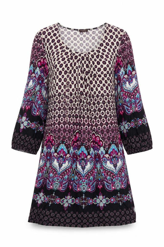 Front view of Phase Eight women’s multicoloured geometric viscose shift, size UK 12, scoop neck pullover