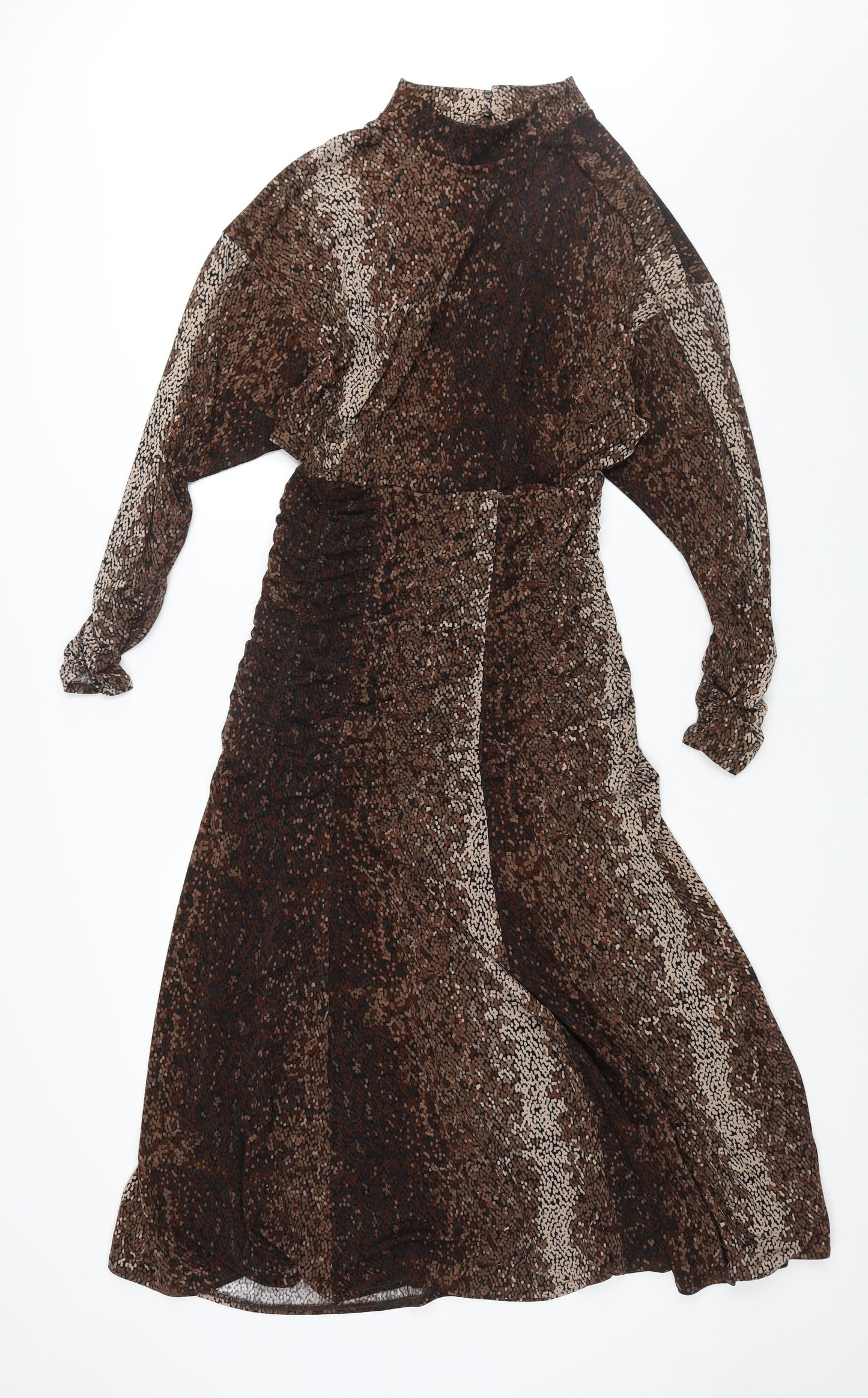 H&M Womens Brown Geometric Polyester Maxi Size M Mock Neck Button - Rouched Detail