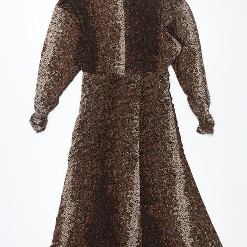 H&M Womens Brown Geometric Polyester Maxi Size M Mock Neck Button - Rouched Detail