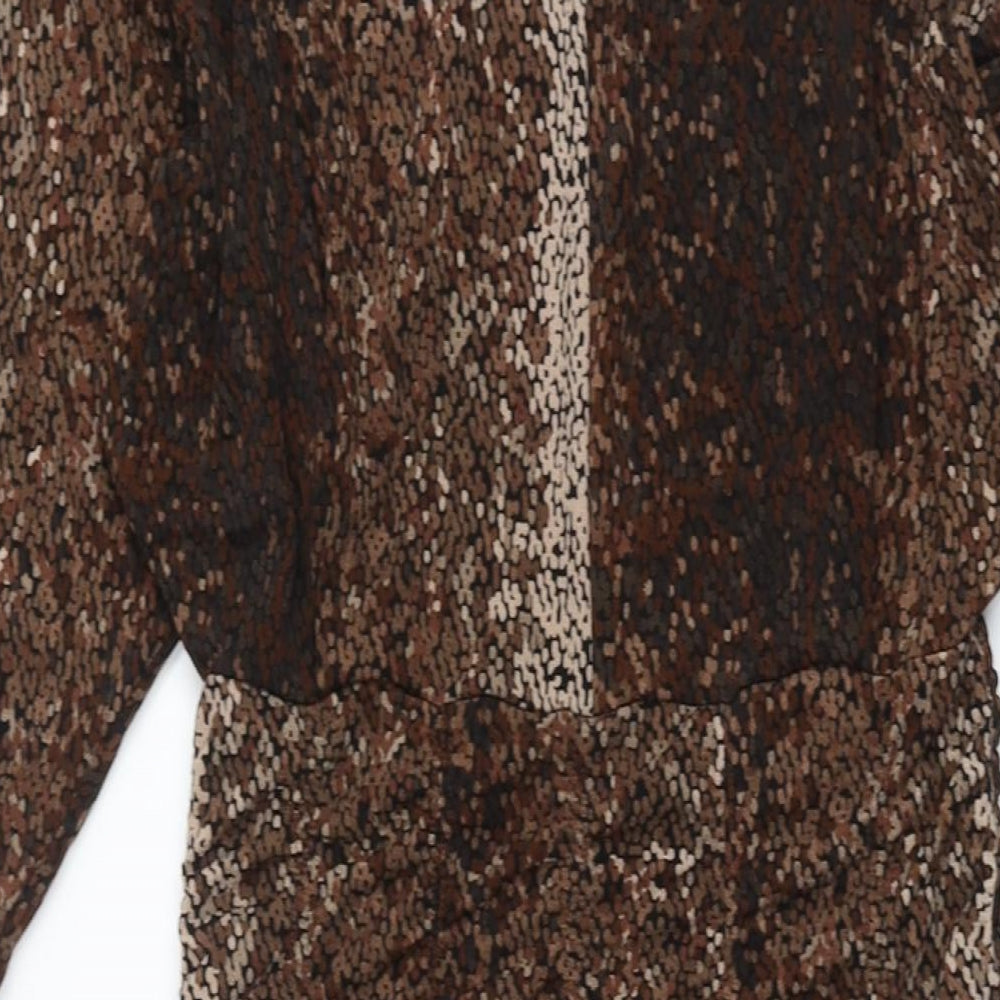 H&M Womens Brown Geometric Polyester Maxi Size M Mock Neck Button - Rouched Detail