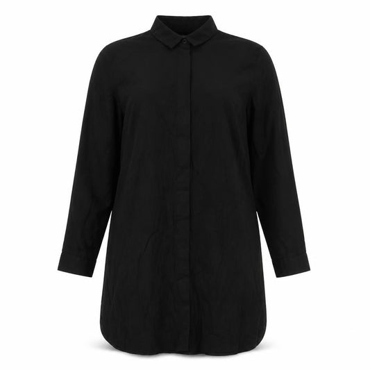 Front view of ASOS women’s black cotton shirt dress, size UK 12, collared button