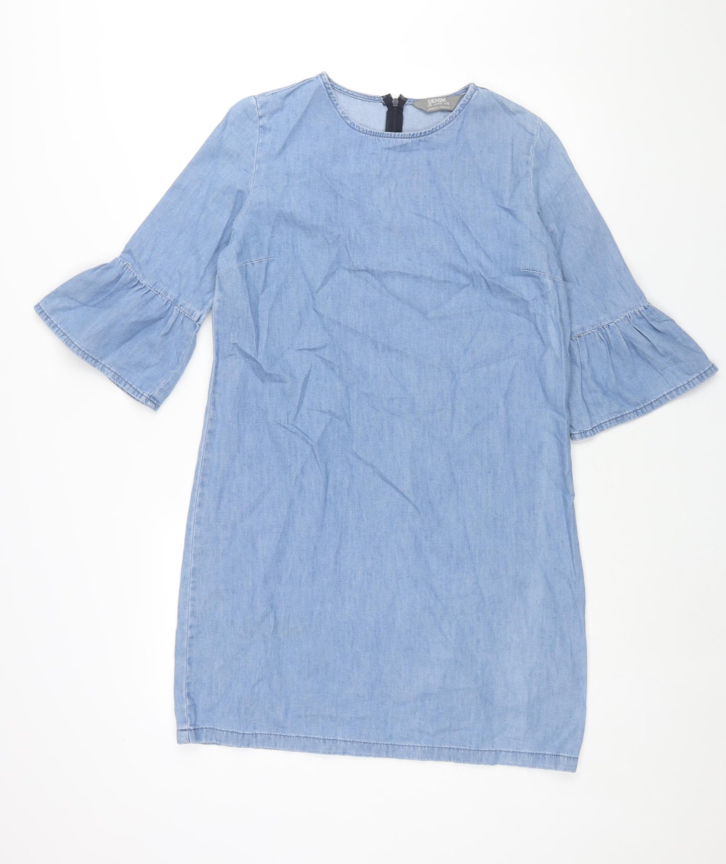Dorothy Perkins Womens Blue Cotton Shift Size 12 Round Neck Zip - Bell Sleeve