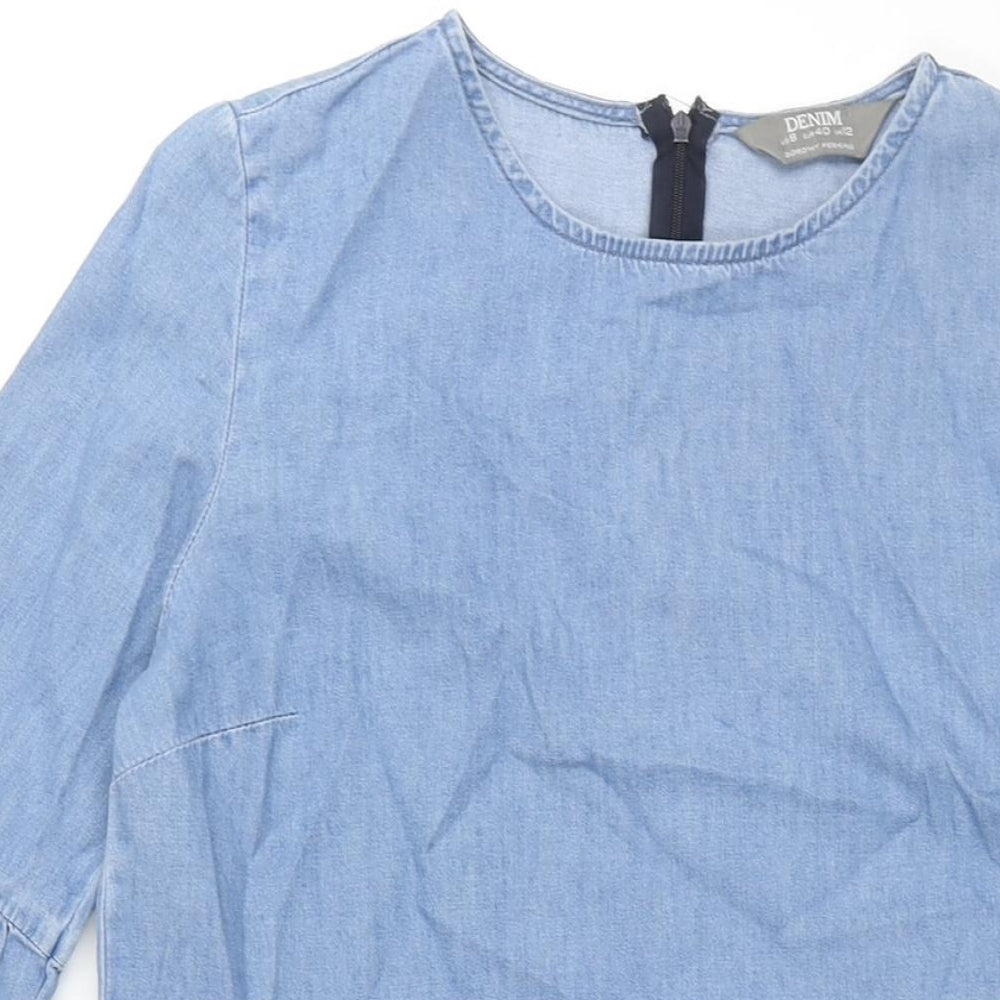 Dorothy Perkins Womens Blue Cotton Shift Size 12 Round Neck Zip - Bell Sleeve