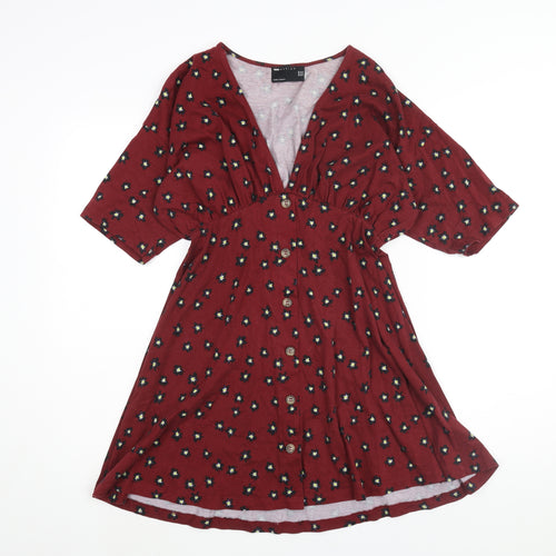 ASOS Womens Red Geometric Cotton A-Line Size 8 V-Neck Pullover - Button Detail Floral Print