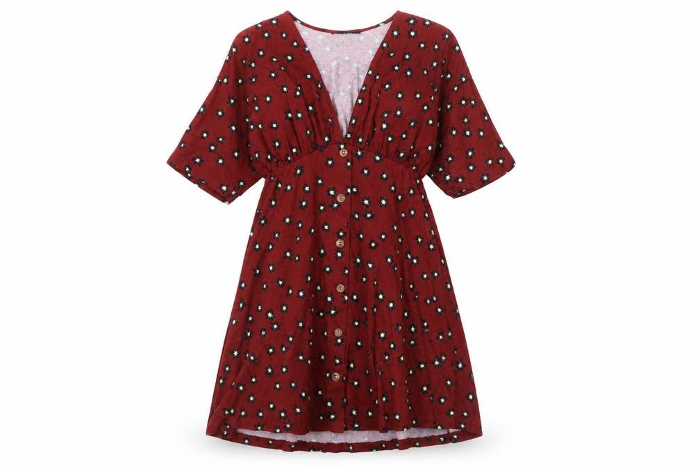 ASOS Womens Red Geometric Cotton A-Line Size 8 V-Neck Pullover - Button Detail Floral Print