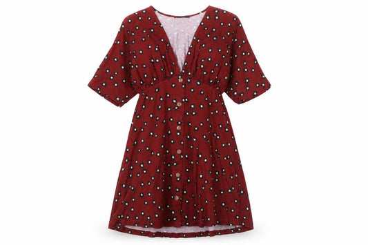 Front view of ASOS women’s red geometric cotton a-line, size UK 8, v-neck pullover - button detail floral print