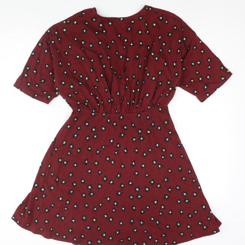 ASOS Womens Red Geometric Cotton A-Line Size 8 V-Neck Pullover - Button Detail Floral Print