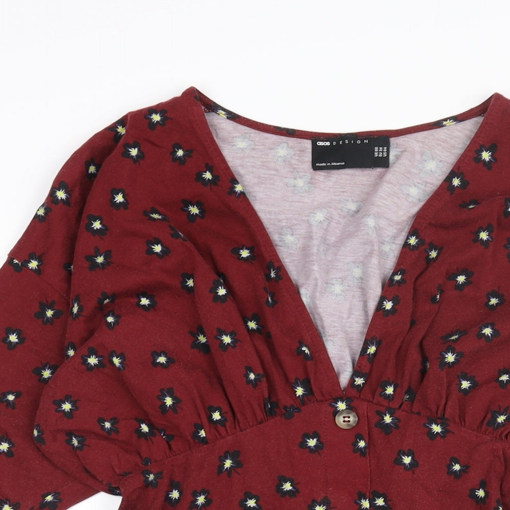ASOS Womens Red Geometric Cotton A-Line Size 8 V-Neck Pullover - Button Detail Floral Print