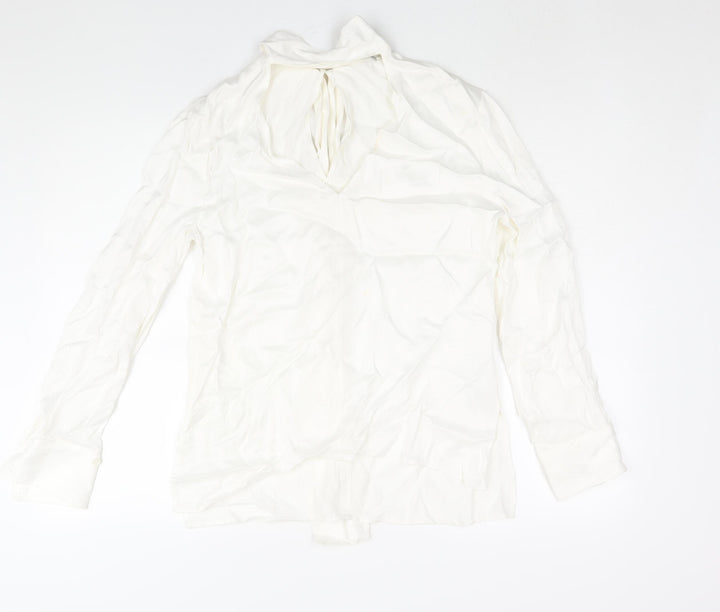 Zara Womens White Viscose Basic Blouse Size S V-Neck - Tie Detail