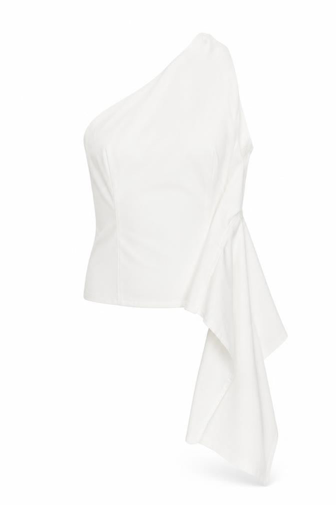 Front view of Zara women’s white polyester basic blouse, size M, one shoulder - waterfall frill detail