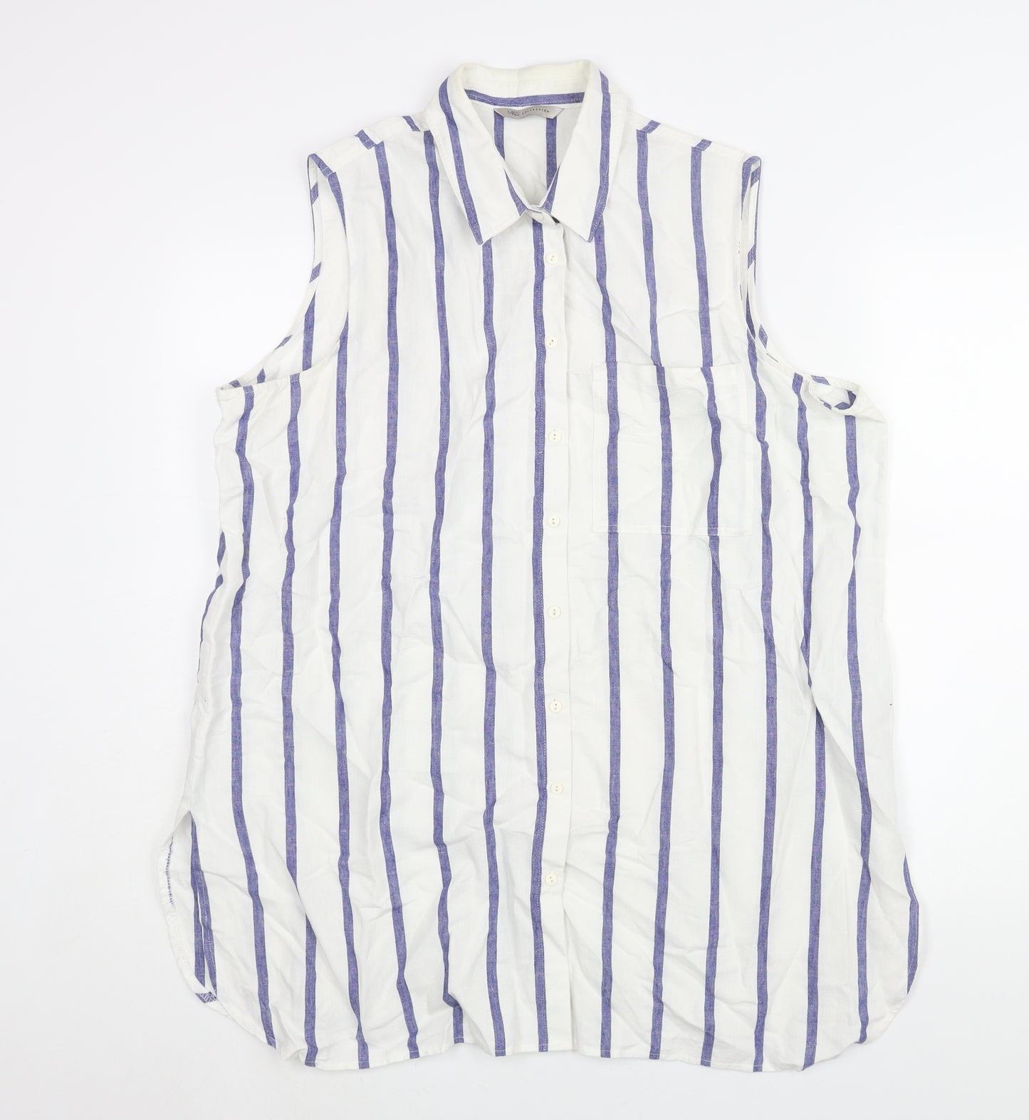 Marks and Spencer Womens White Striped Linen Basic Button-Up Size 20 Collared