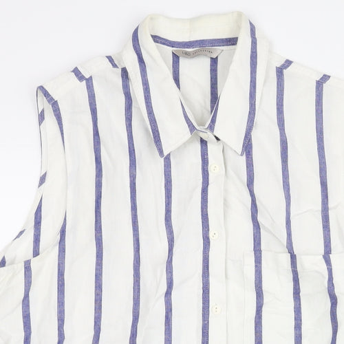 Marks and Spencer Womens White Striped Linen Basic Button-Up Size 20 Collared