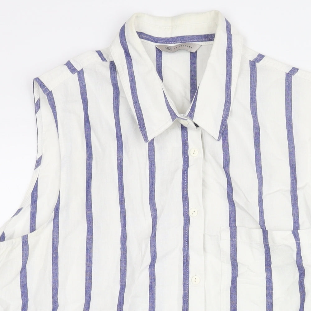 Marks and Spencer Womens White Striped Linen Basic Button-Up Size 20 Collared