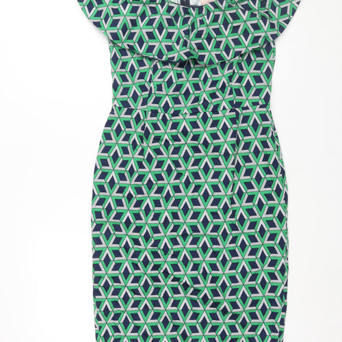 Traffic People Womens Green Geometric Cotton Pencil Dress Size M Boat Neck Zip - Frill