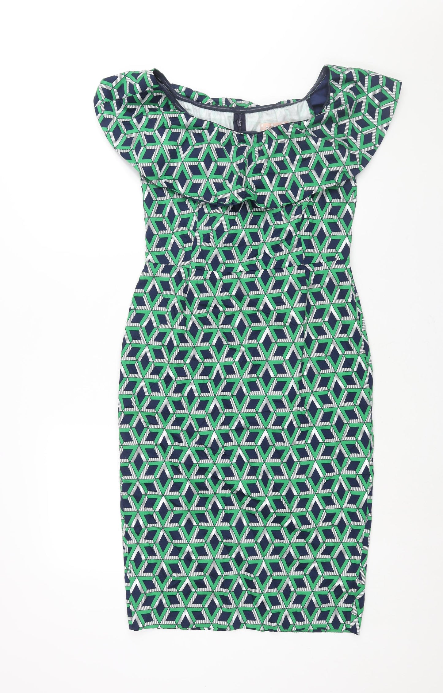 Traffic People Womens Green Geometric Cotton Pencil Dress Size M Boat Neck Zip - Frill