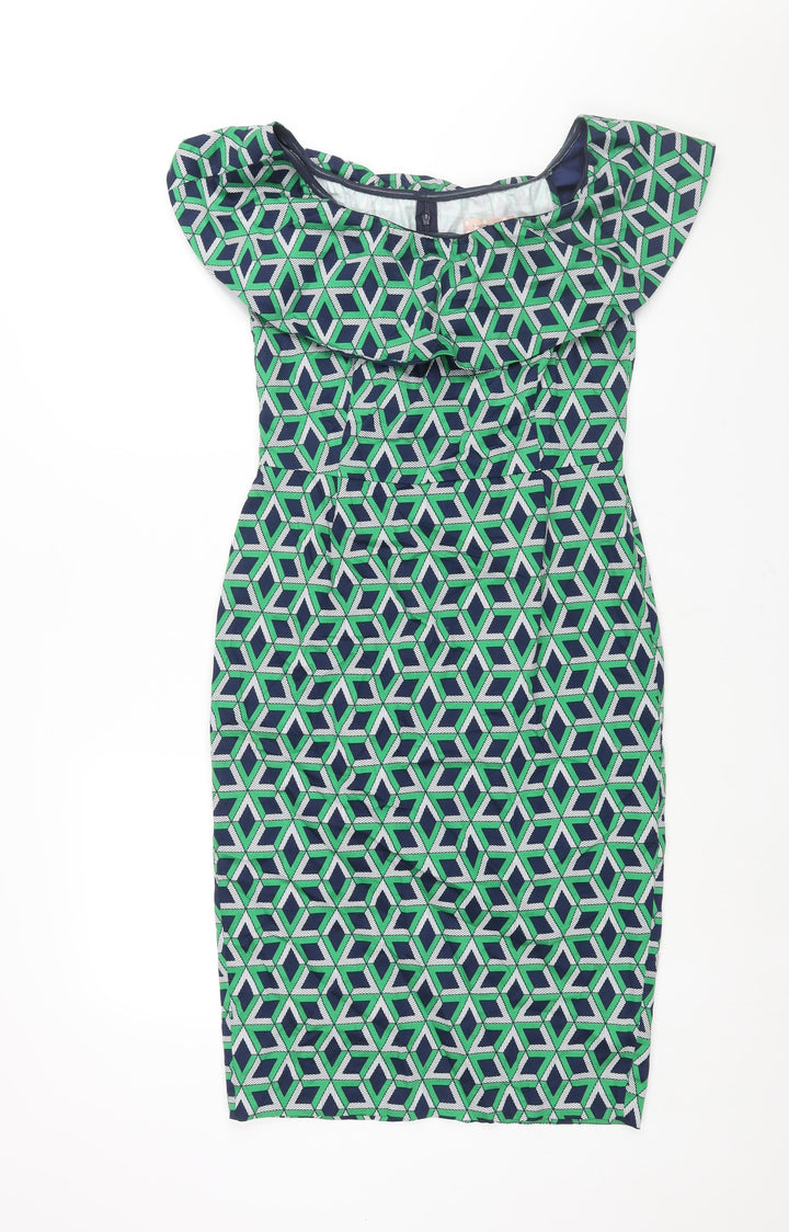 Traffic People Womens Green Geometric Cotton Pencil Dress Size M Boat Neck Zip - Frill