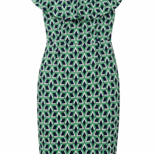 Traffic People Womens Green Geometric Cotton Pencil Dress Size M Boat Neck Zip - Frill