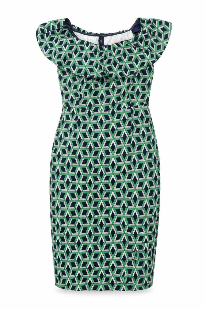 Traffic People Womens Green Geometric Cotton Pencil Dress Size M Boat Neck Zip - Frill