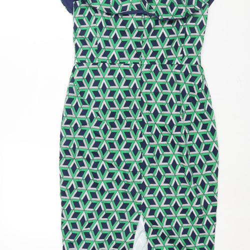Traffic People Womens Green Geometric Cotton Pencil Dress Size M Boat Neck Zip - Frill