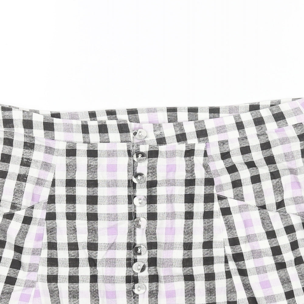 ASOS Womens Multicoloured Check Linen A-Line Skirt Size 10 Button