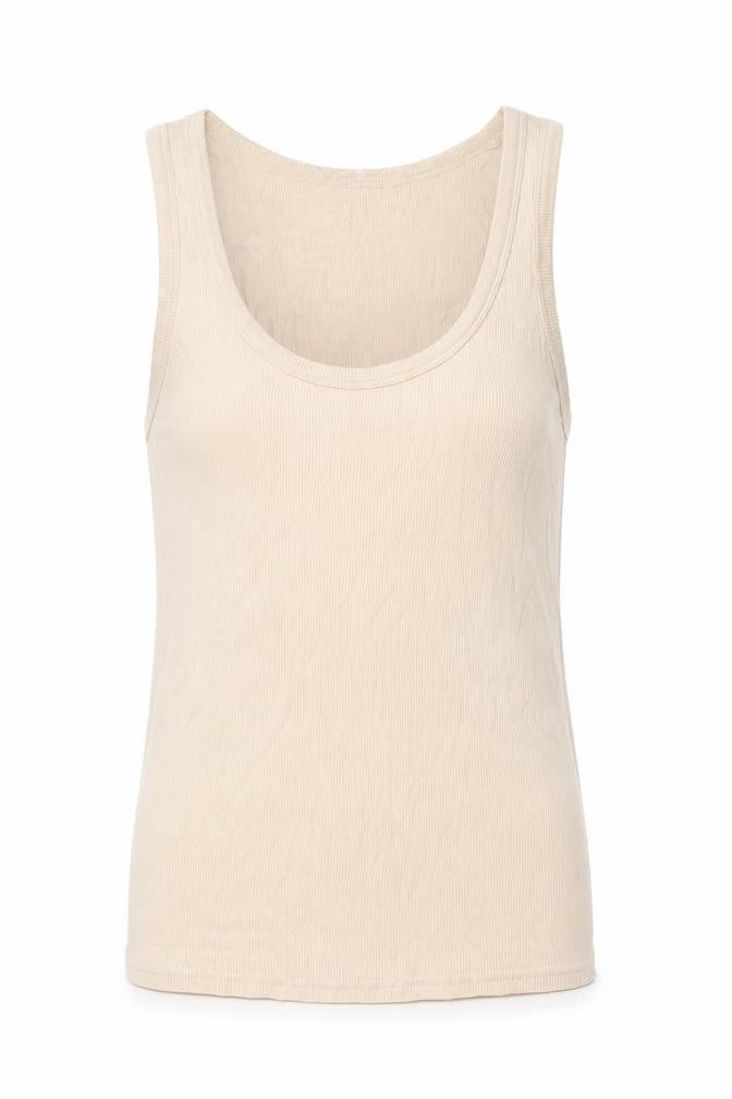 Front view of Topshop women’s beige viscose basic tank, size UK 10, scoop neck