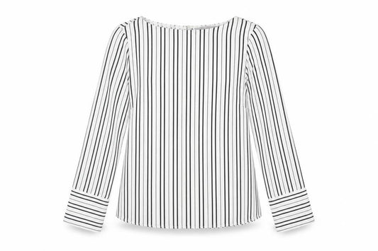 Front view of H&M women’s white striped polyester basic blouse, size UK 6, boat neck