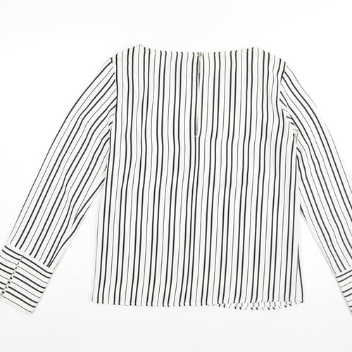 H&M Womens White Striped Polyester Basic Blouse Size 6 Boat Neck