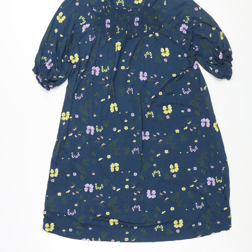 NEXT Womens Blue Floral Viscose Shift Size 14 Round Neck Pullover - Rouched