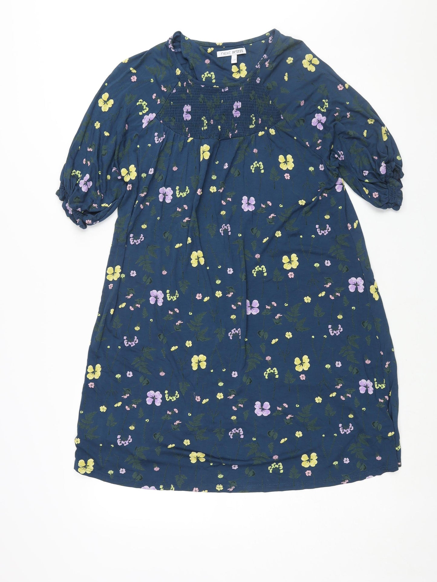 NEXT Womens Blue Floral Viscose Shift Size 14 Round Neck Pullover - Rouched