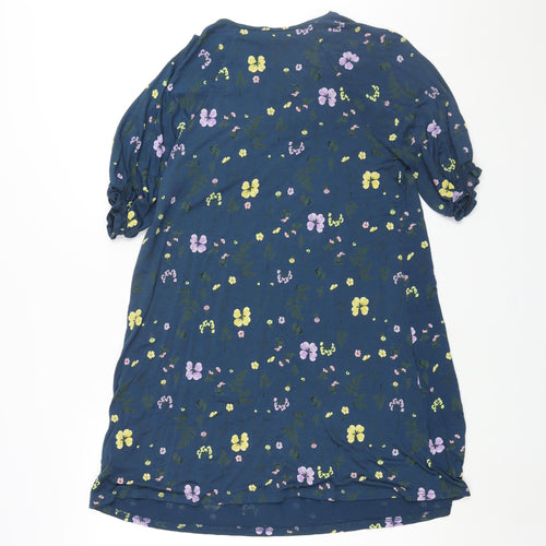 NEXT Womens Blue Floral Viscose Shift Size 14 Round Neck Pullover - Rouched