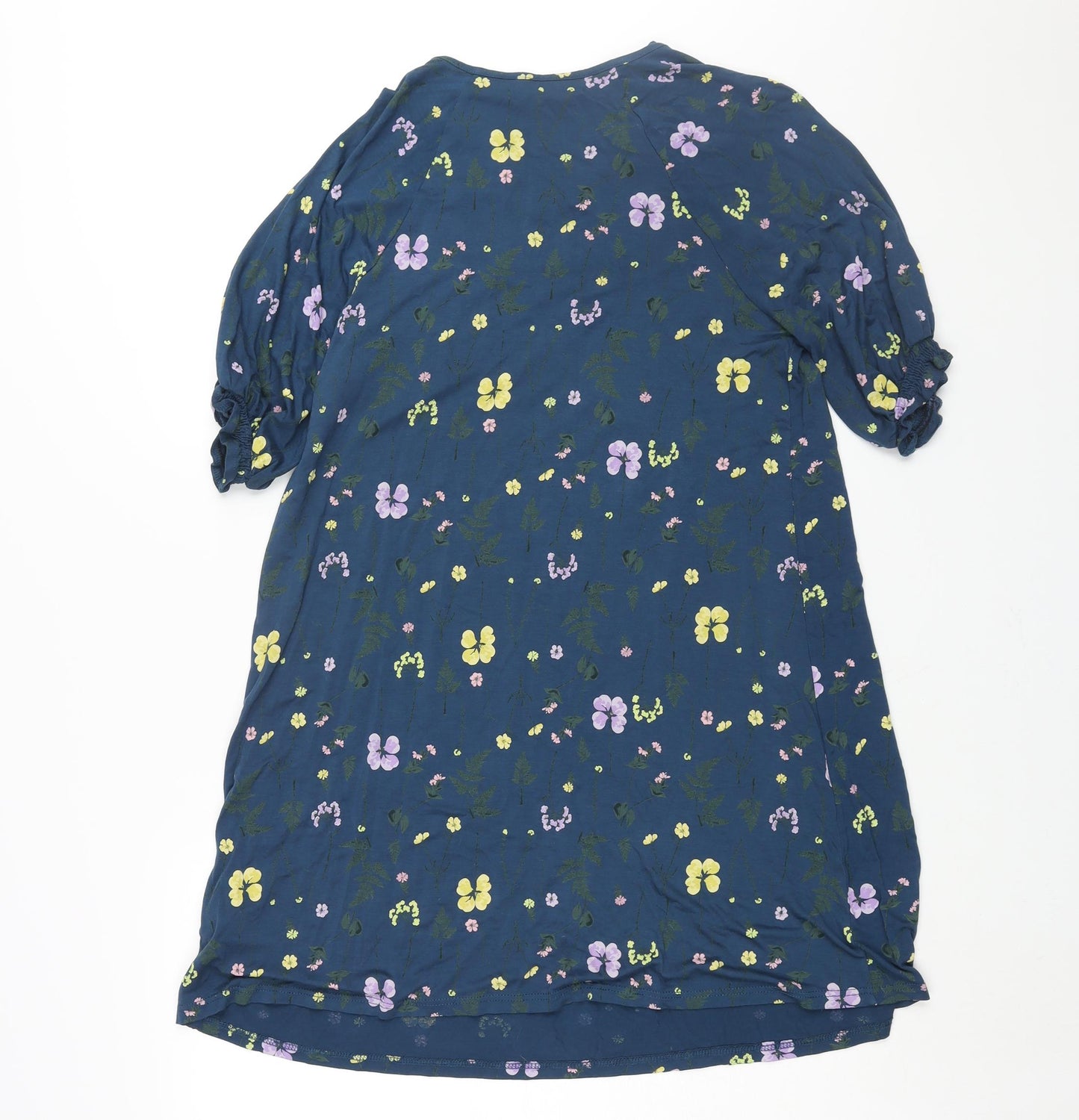 NEXT Womens Blue Floral Viscose Shift Size 14 Round Neck Pullover - Rouched