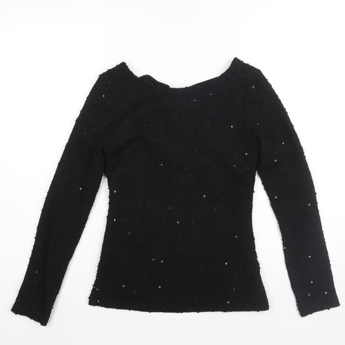 Jennifer Lopez Womens Black Polyester Basic Blouse Size XS Round Neck - Textured Sequin Detail