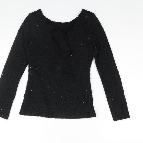 Jennifer Lopez Womens Black Polyester Basic Blouse Size XS Round Neck - Textured Sequin Detail