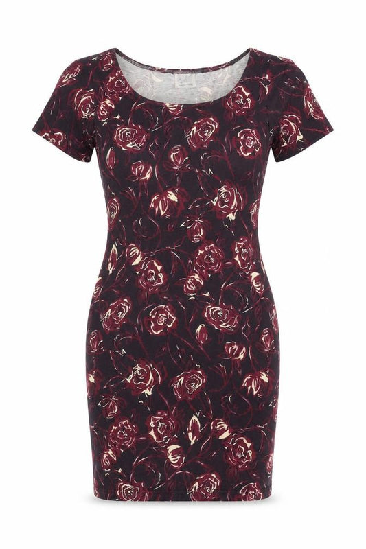 Front view of Style Incorporated women’s purple floral cotton bodycon, size UK 12, round neck pullover