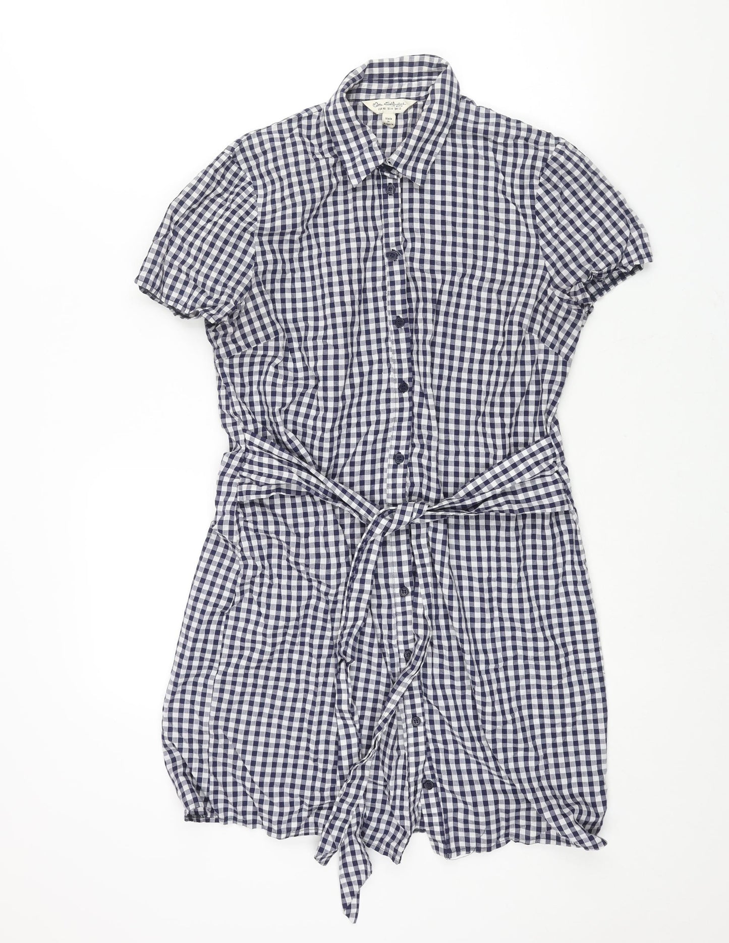 Miss Selfridge Womens Blue Gingham Cotton Shirt Dress Size 12 Collared Button - Belted