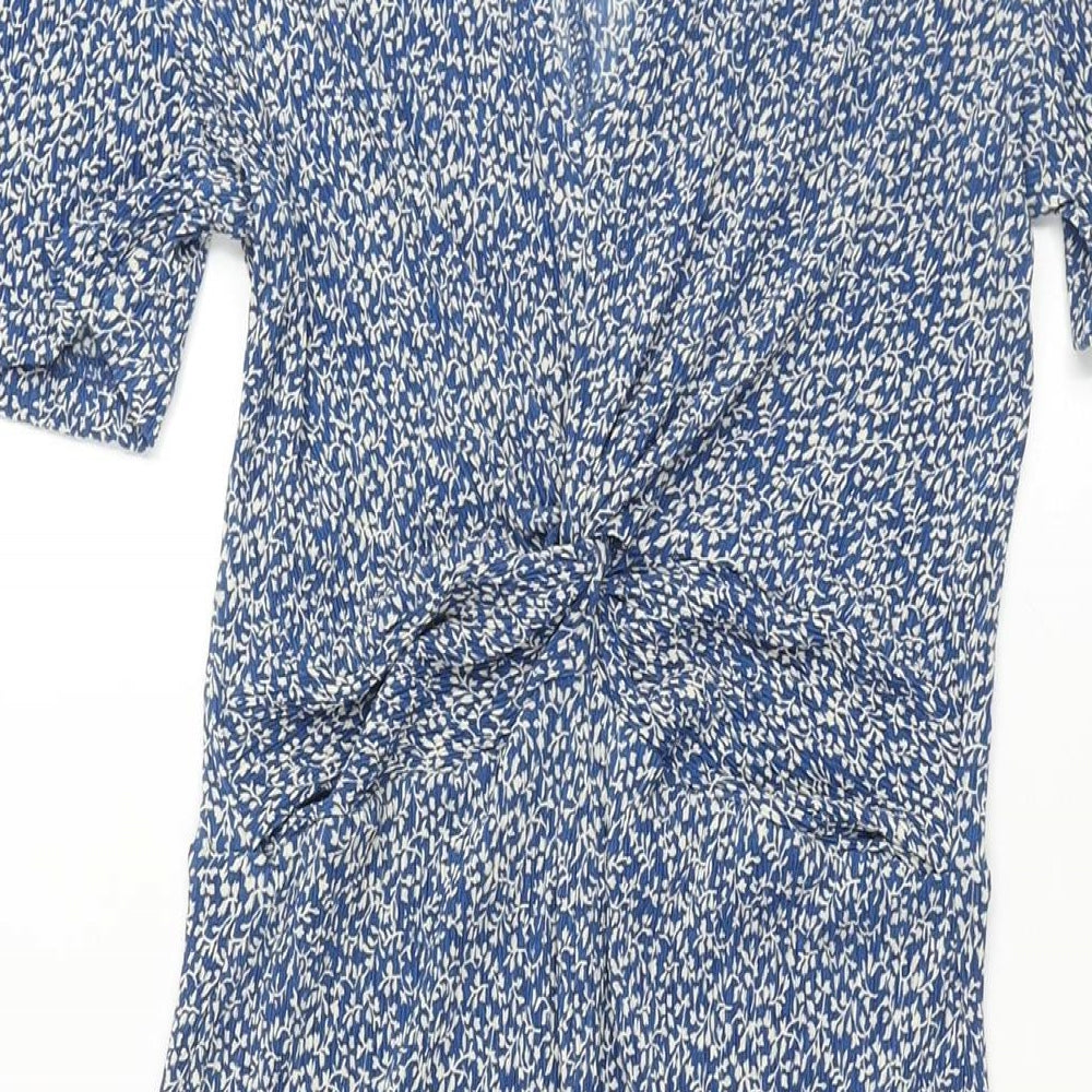 Mango Womens Blue Geometric Polyester Shift Size S V-Neck Pullover - Twist Detail