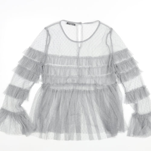 Glamorous Womens Grey Polyester Basic Blouse Size 10 Round Neck - Semi Sheer Frill