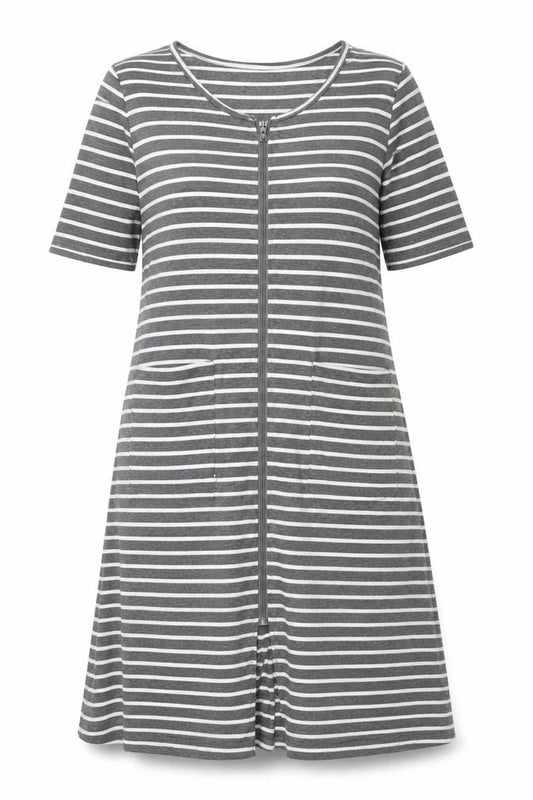 Front view of Sunnyme women’s grey striped polyester shift, size UK 12, round neck zip -, size UK 12-14