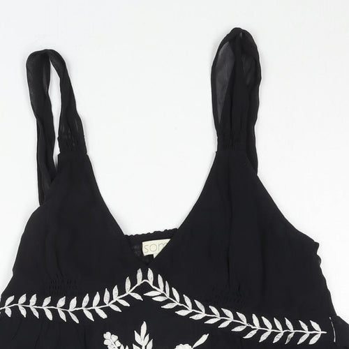 Somi Womens Black Silk Camisole Blouse Size 10 V-Neck - Embroidered Detail Belted