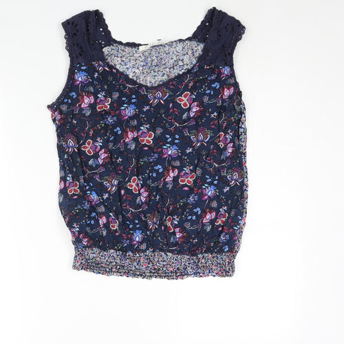 Solitaire Womens Blue Geometric Polyester Camisole Blouse Size L Sweetheart - Rouched Hem Lace Detail
