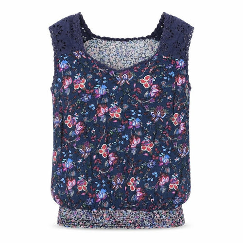 Solitaire Womens Blue Geometric Polyester Camisole Blouse Size L Sweetheart - Rouched Hem Lace Detail
