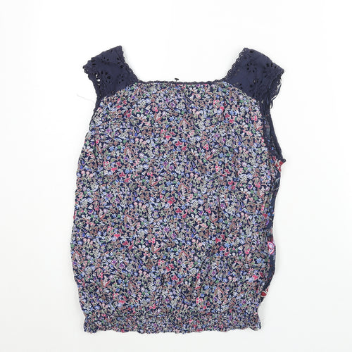 Solitaire Womens Blue Geometric Polyester Camisole Blouse Size L Sweetheart - Rouched Hem Lace Detail