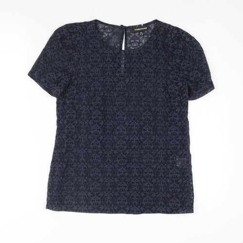 Warehouse Womens Blue Geometric Polyester Basic Blouse Size 10 Round Neck - Semi Sher