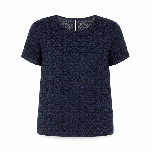 Front view of Warehouse women’s blue geometric polyester basic blouse, size UK 10, round neck - semi sher