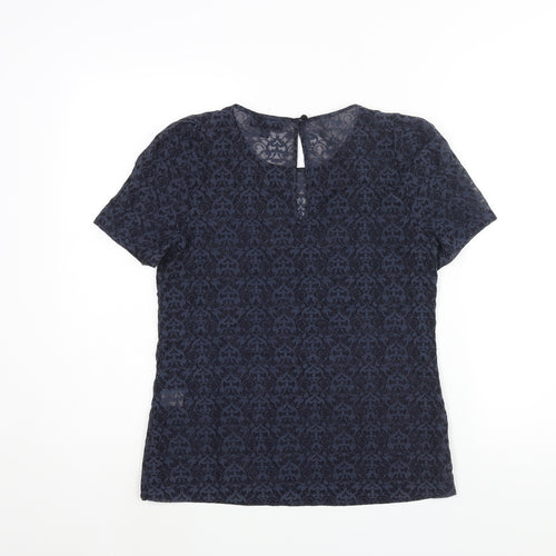 Warehouse Womens Blue Geometric Polyester Basic Blouse Size 10 Round Neck - Semi Sher