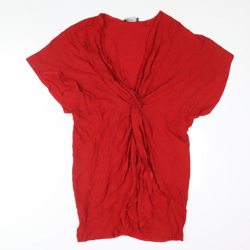 Marks and Spencer Womens Red Viscose Tunic Blouse Size S V-Neck - Twist Detail Open Front