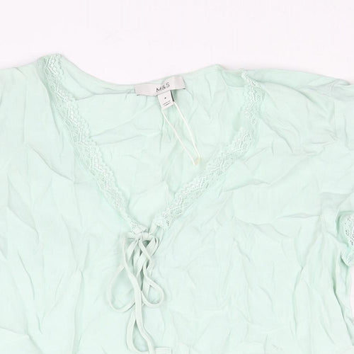 Marks and Spencer Womens Green Viscose Basic Blouse Size 8 V-Neck - Lace Trim