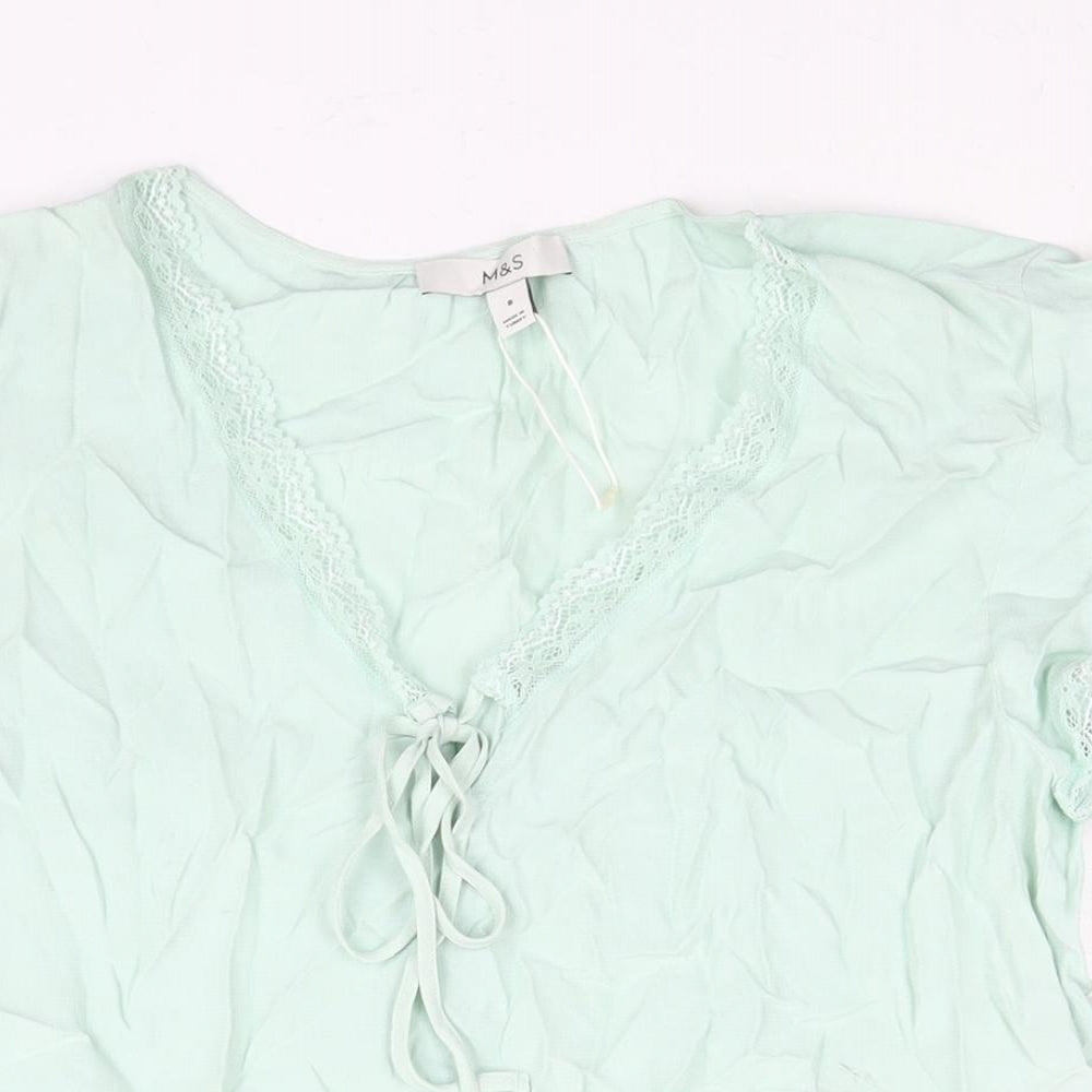 Marks and Spencer Womens Green Viscose Basic Blouse Size 8 V-Neck - Lace Trim